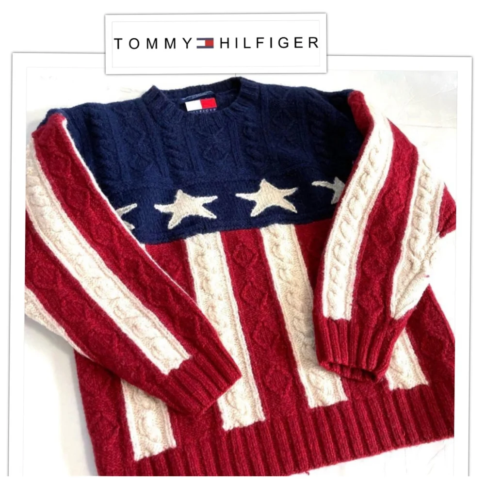 Tommy Hilfiger RARE Vintage 90’s Thick Wool Cable Knit America Flag Sweater sz M